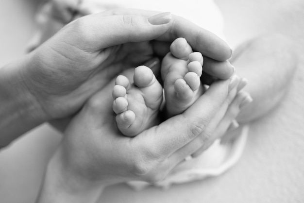 Baby feet in the hands of mother father older brother or sister\
family feet of a tiny newborn close up little children39s feet\
surrounded by the palms of the family black and white