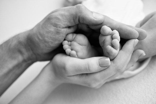 Baby feet in the hands of mother father older brother or sister\
family feet of a tiny newborn close up little children39s feet\
surrounded by the palms of the family black and white