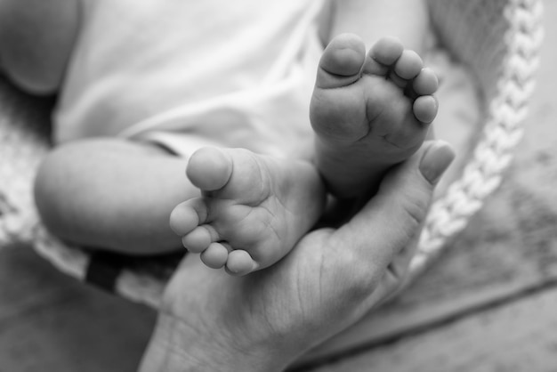 Baby feet in the hands of mother father older brother or sister\
family feet of a tiny newborn close up little children39s feet\
surrounded by the palms of the family black and white