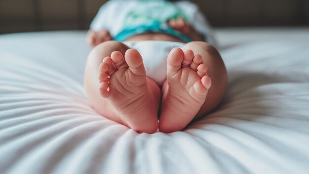 Baby feet in white bed