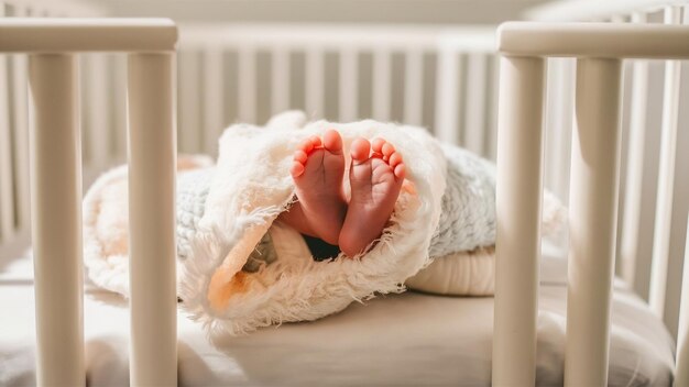 Foto piedi di bambino in un letto bianco