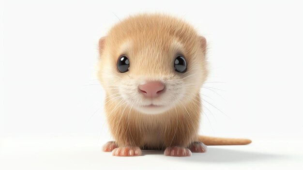 Baby ferret looking at the camera with big eyes The ferret is sitting on a white background and has light brown fur