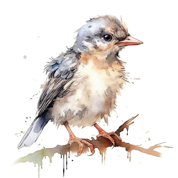 Baby Finch watercolor with ink outline on white background high detailed generative AI