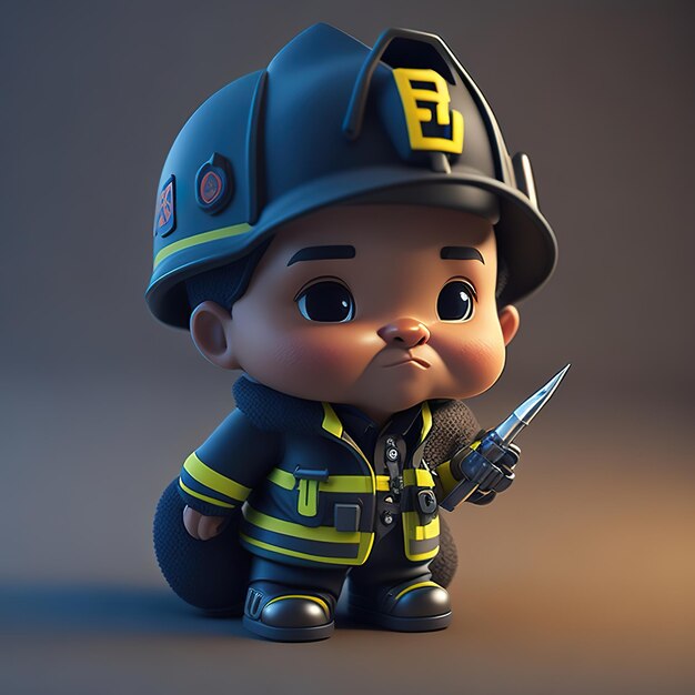 A baby fireman with a fireman hat on.