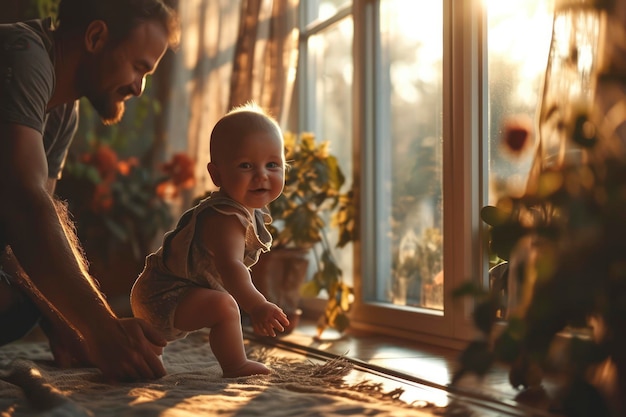 Photo baby first steps baby goes her father at window learns to walk to take first steps