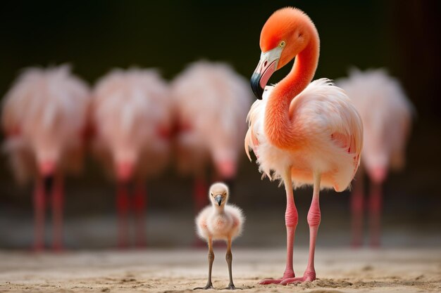 Photo baby flamingo standing awkwardly amidst adults