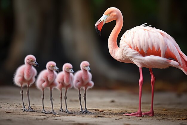 Photo baby flamingo standing awkwardly amidst adults