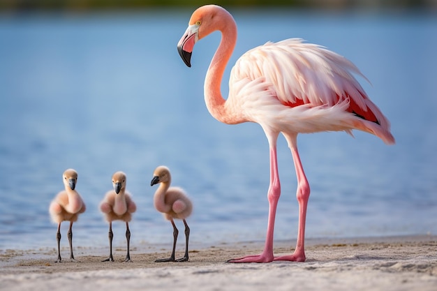 Baby flamingo standing awkwardly amidst adults