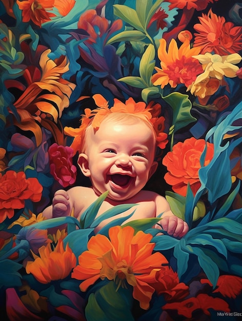 Photo a baby in a flowery bed with orange flowers on it.