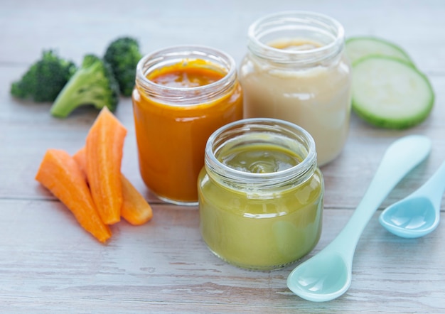Baby food, assortment of fruit and vegetable puree