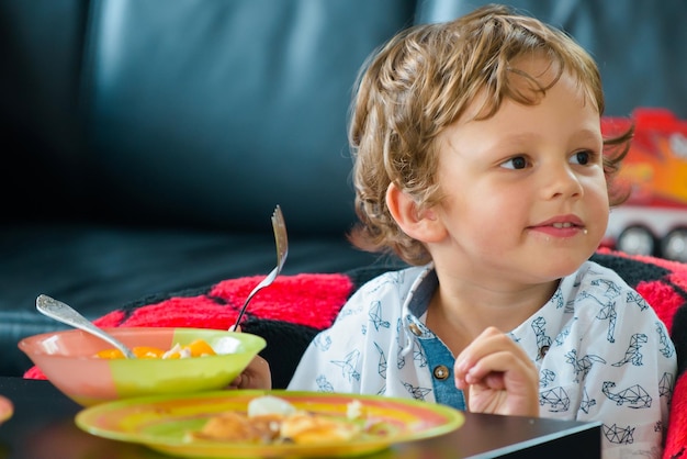写真 離乳食の赤ちゃんが健康的な食べ物を食べる子供の男の子を食べる