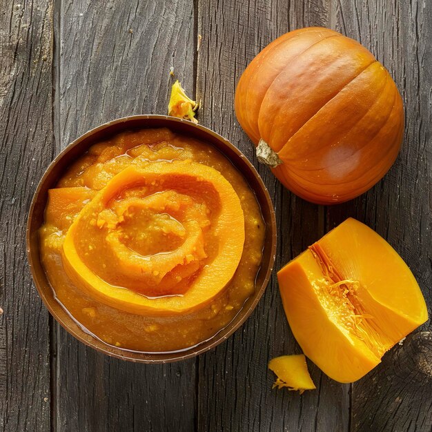 Foto cibo per bambini puree di zucca fresca su un tavolo di legno