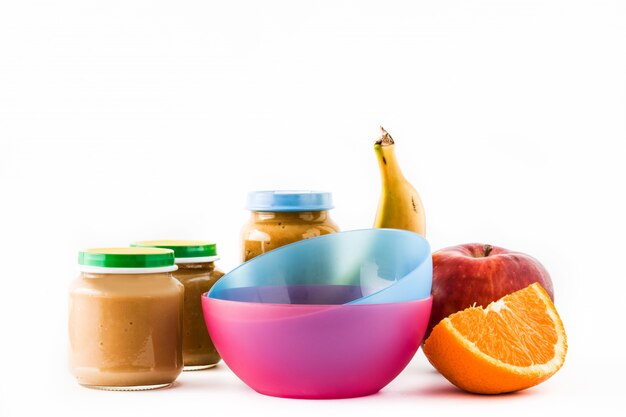 Baby food Jar with fruit puree isolated on white