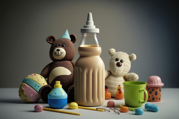 Baby food and milk bottle with kids accessories AI generation