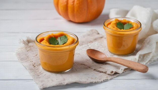 Baby food Puree from fresh pumpkin On a white wooden background