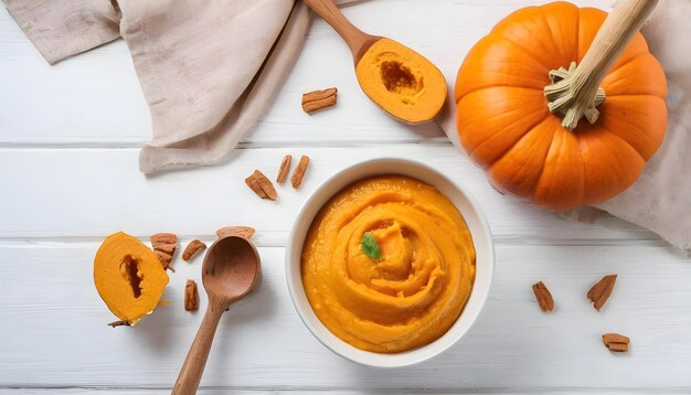 Baby food Puree from fresh pumpkin On a white wooden background