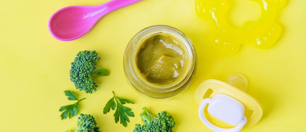 Baby food in small jars. Selective focus.