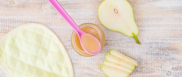 Baby food in small jars. selective focus