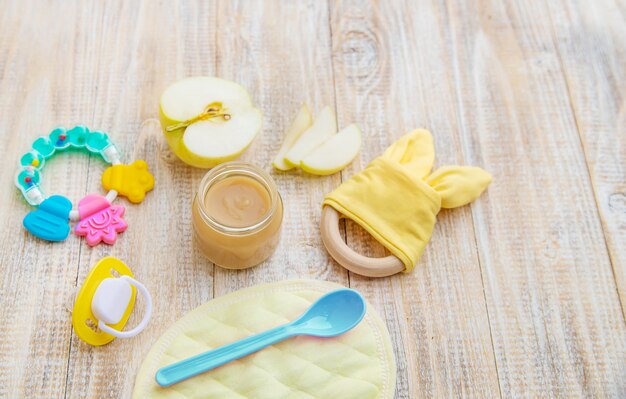 Photo baby food in small jars.