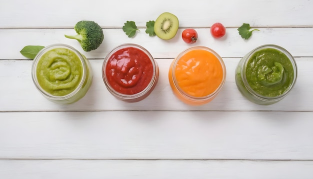 Baby food Various baby purees from fresh vegetables and fruits On a white wooden background