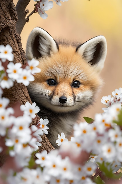 A baby fox on a blossoming tree in spring Ai