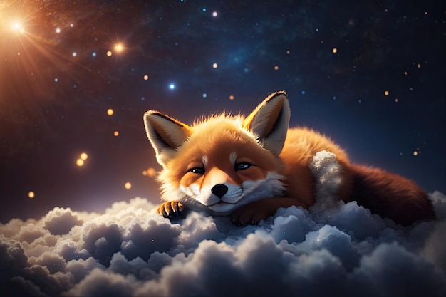 A baby fox cub sleeps on a cloud among the star ai generative