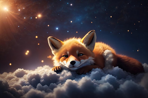 a baby fox cub sleeps on a cloud among the star ai generative