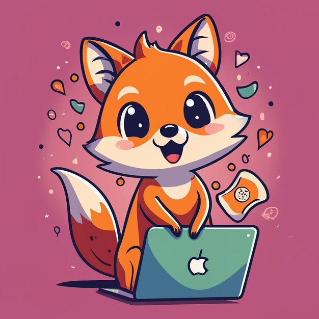 Foto baby fox lacht en gebruikt macbook pro