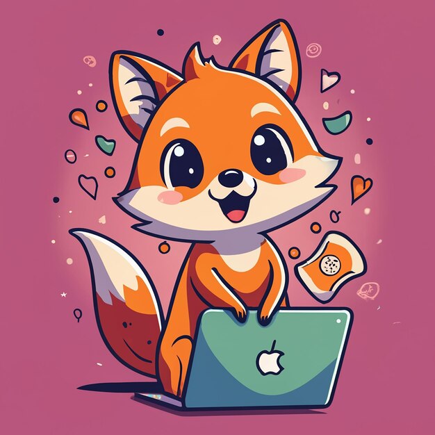 Foto baby fox che sorride e usa macbook pro