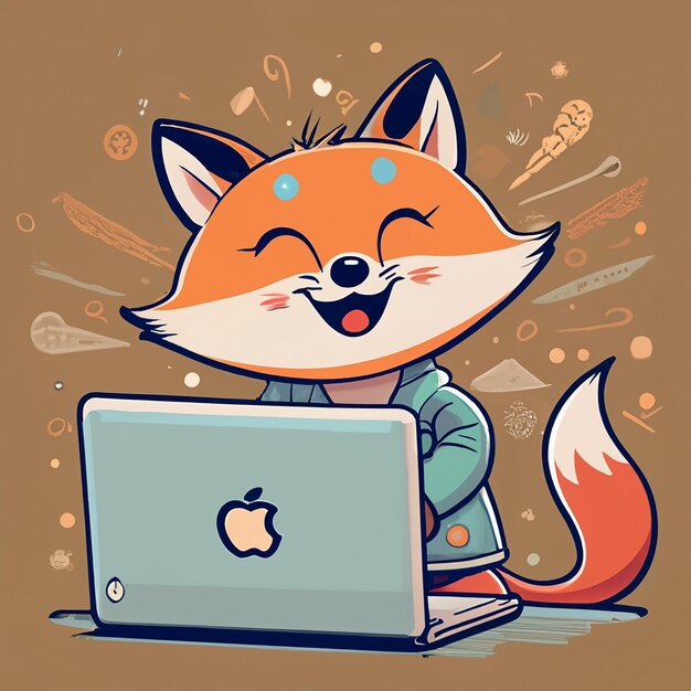 Foto baby fox che sorride e usa macbook pro