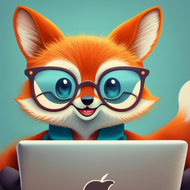 Foto baby fox che sorride e usa macbook pro