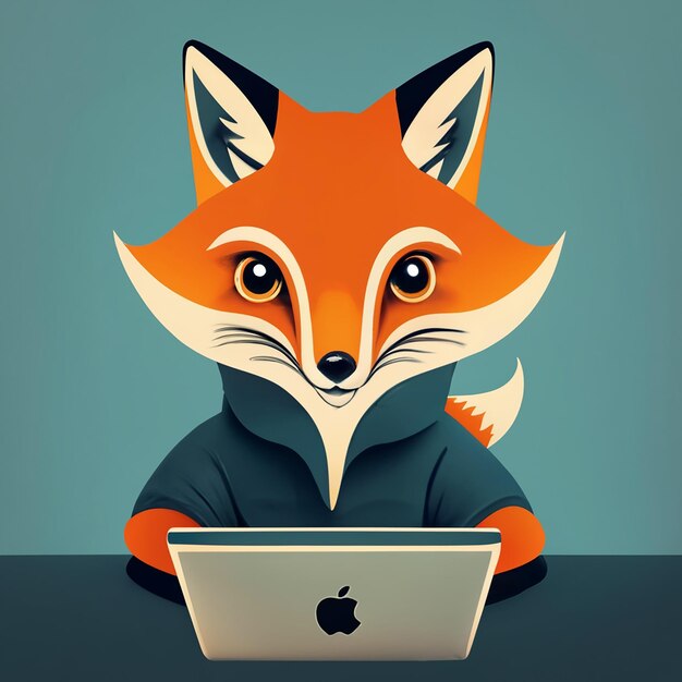 Foto baby fox che sorride e usa macbook pro