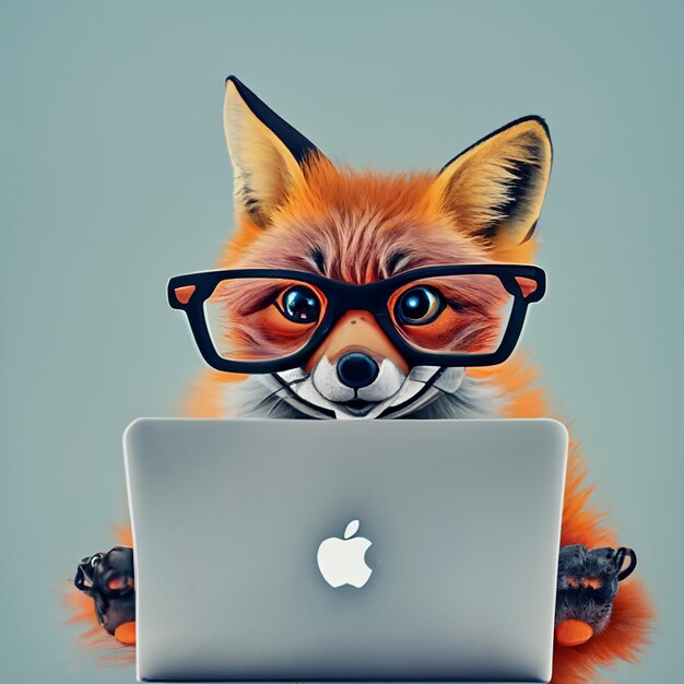 Foto baby fox che sorride e usa macbook pro