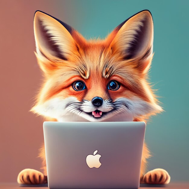 малыш FOX улыбается и пользуется MacBook Pro