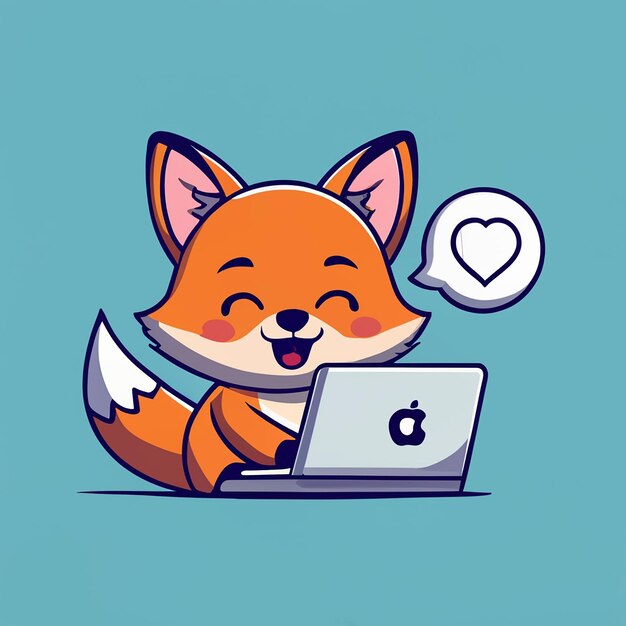 Foto baby fox che sorride e usa macbook pro