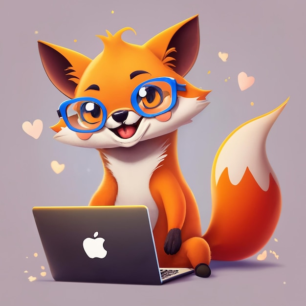 Foto baby fox che sorride e usa macbook pro