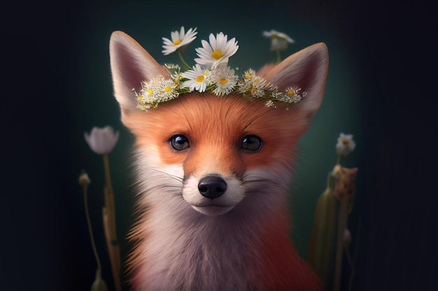 Photo baby fox with flower crown springtime concept generative ai