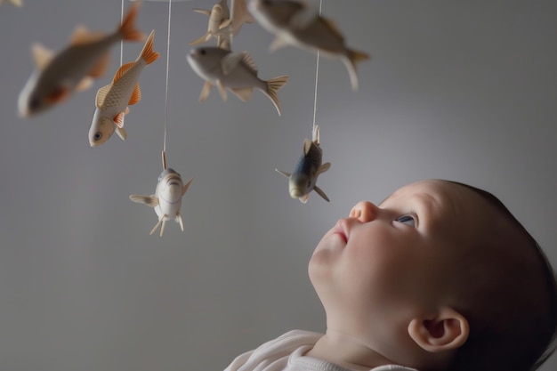 Baby gazing up at a rotating mobile with dangling fish