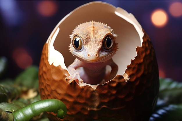 A baby gecko is coming out of a egg