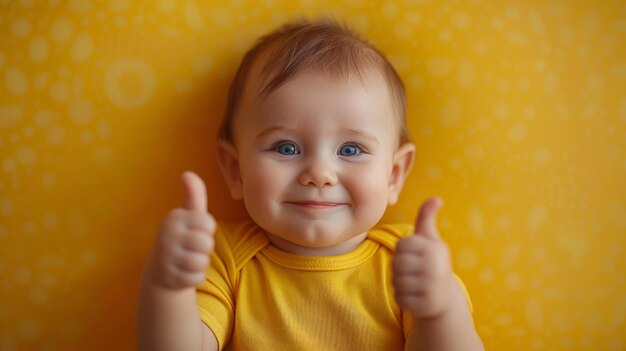 Baby geeft duim omhoog tegen gele muur