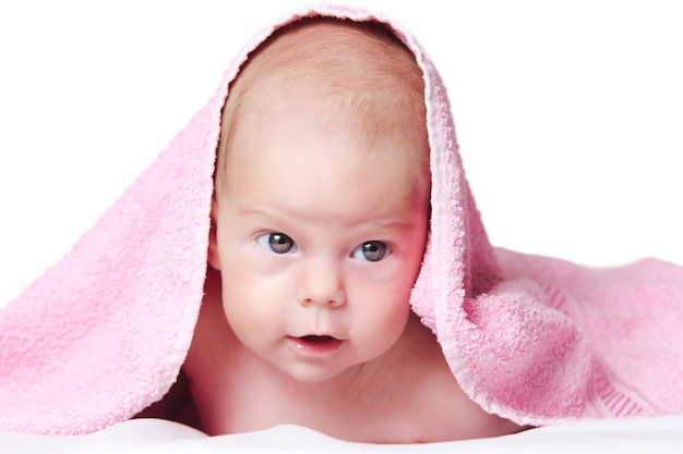 Baby girl After Bath Wrapped in Red Towel Laying and Posing