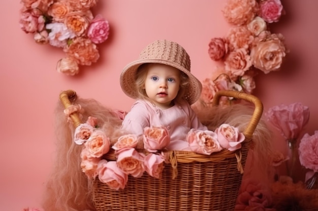 A baby girl in a basket of flowers