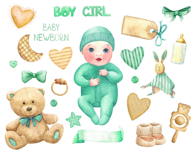 Insieme dell'acquerello della neonata ragazzo roba giocattoli etichetta titolo verde pastello simpatico personaggio acquerello