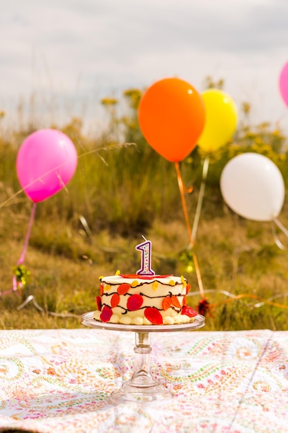 Baby girl celebrating her first bithday with gourmet cake and balloons.