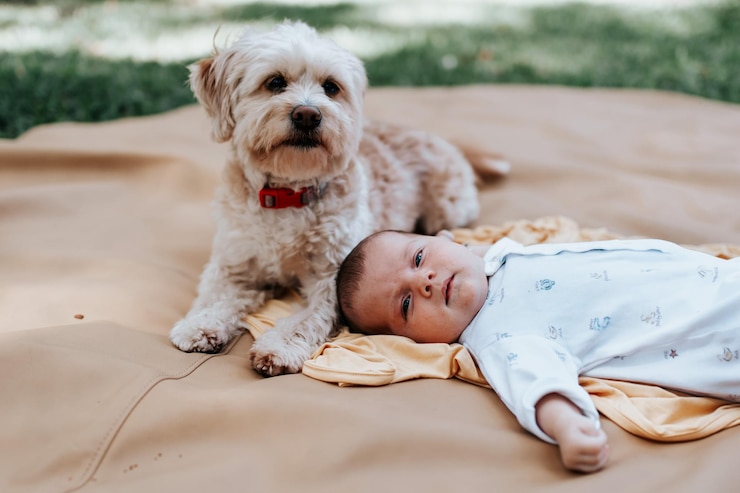 Photo baby girl and dog at park