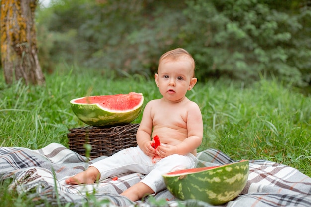 女の赤ちゃんは外の芝生に座って夏にスイカを食べる