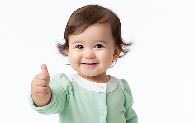 A baby girl in a green shirt giving a thumbs up sign.