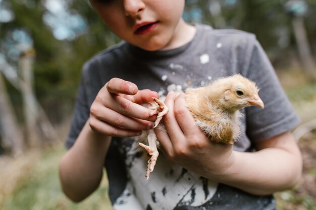 写真 鳥を抱いた赤ちゃん