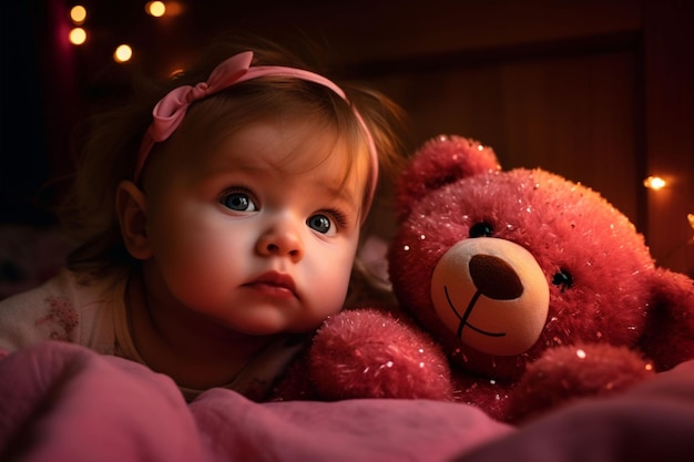 A baby girl is laying in bed with a pink teddy bear.