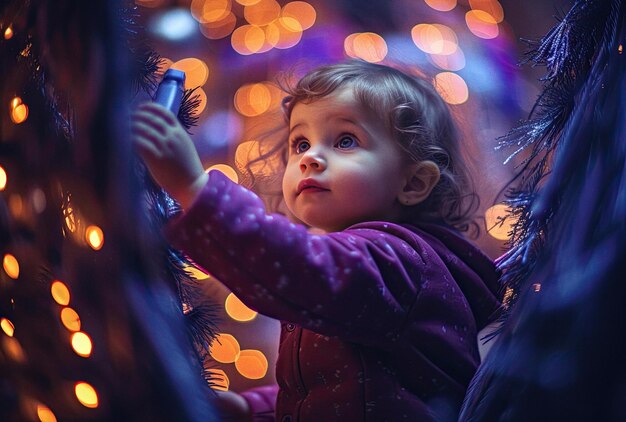 Foto la bambina sta guardando un albero di natale generato dall'intelligenza artificiale